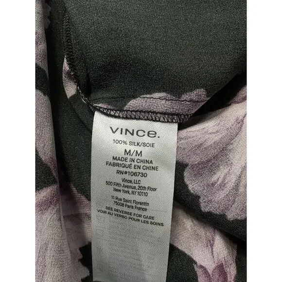 Vince 'Begonia' Black Floral Silk Banded Long Sleeve Collar Shirt Size M - Picture 5 of 5